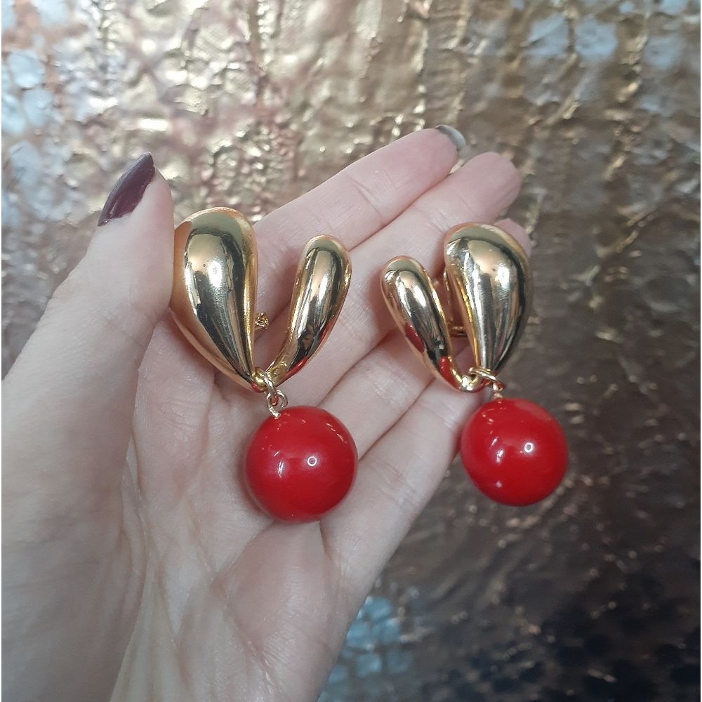 Zara Gold and Red Statement Earrings - Picture 2 of 9